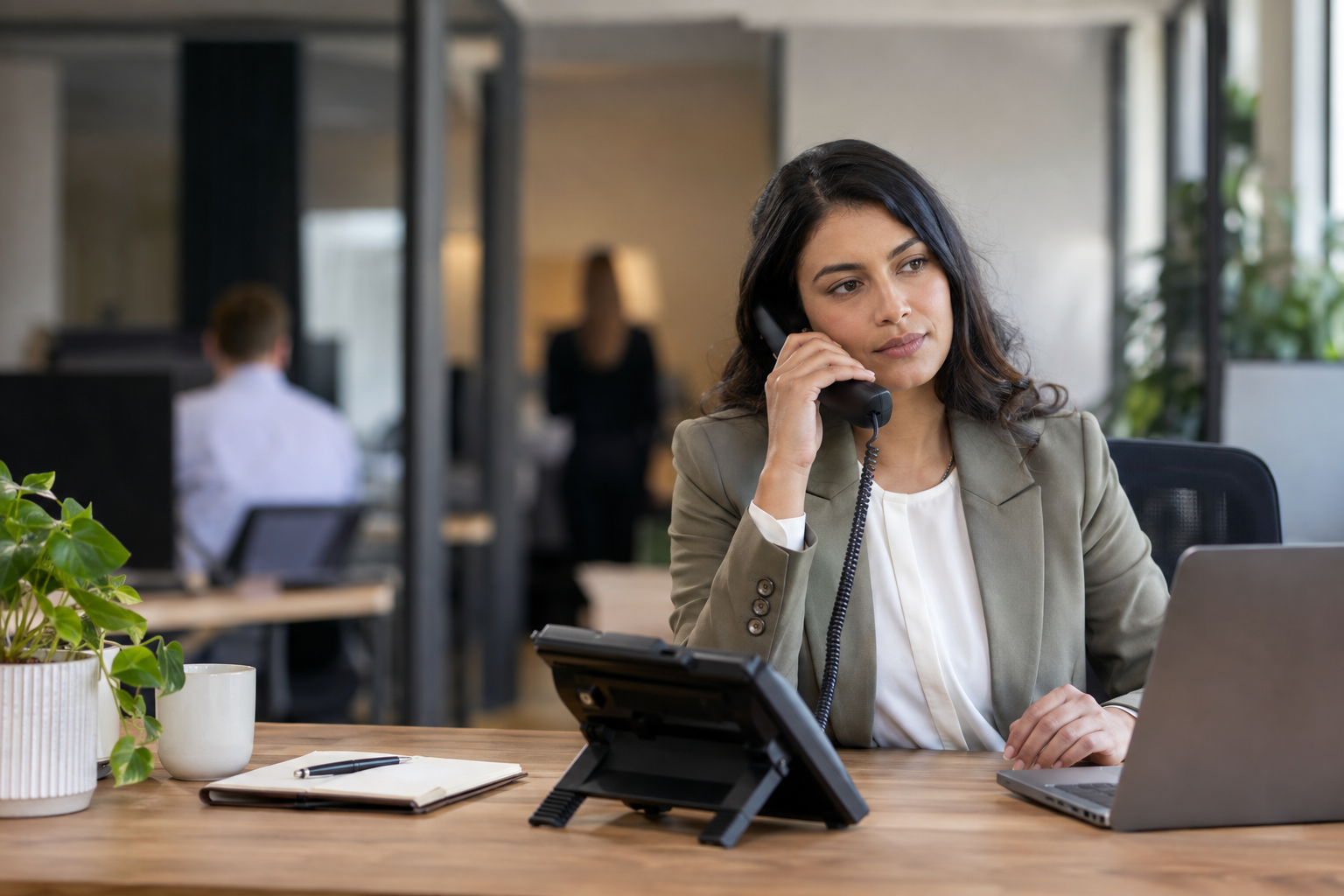 Business owner checking a desk phone beside a broadband router in a small office