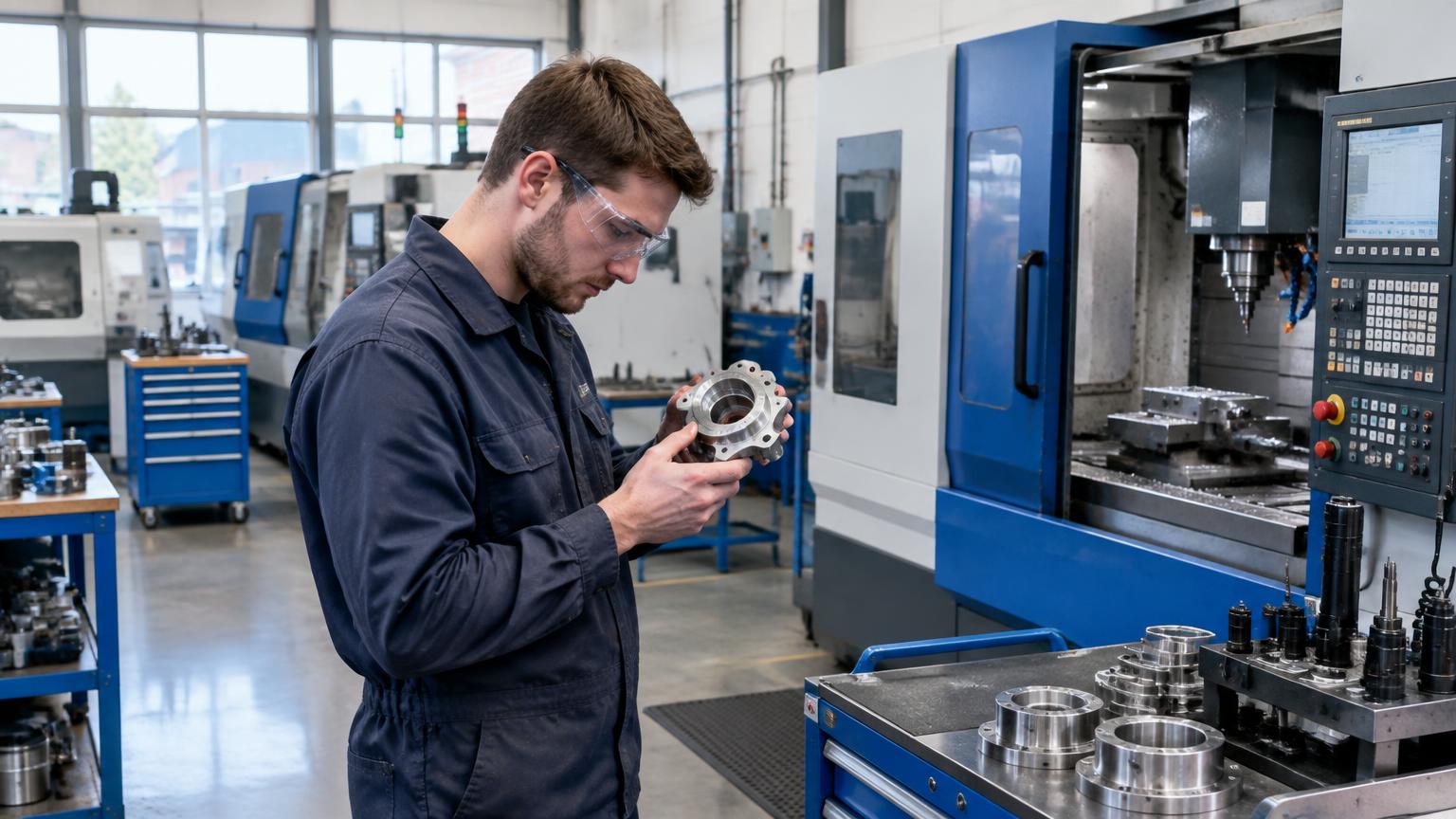 Illustration of a manufacturing worker inspecting a machined metal component beside production equipment