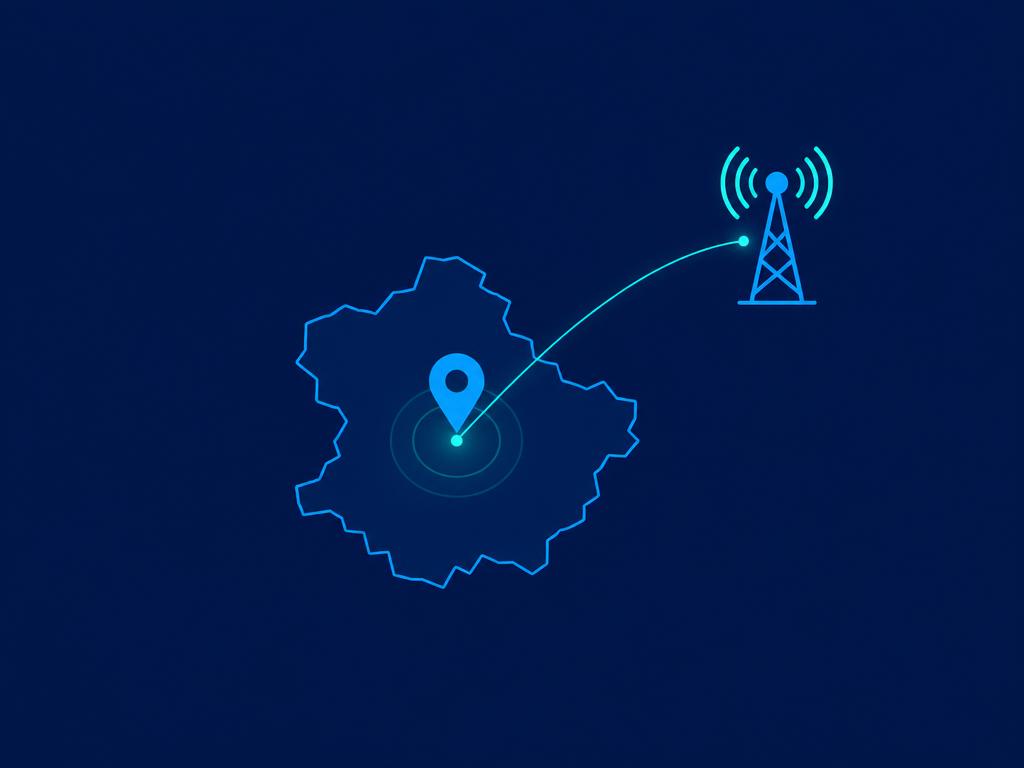 A business location pin connected to a mobile and broadband network mast