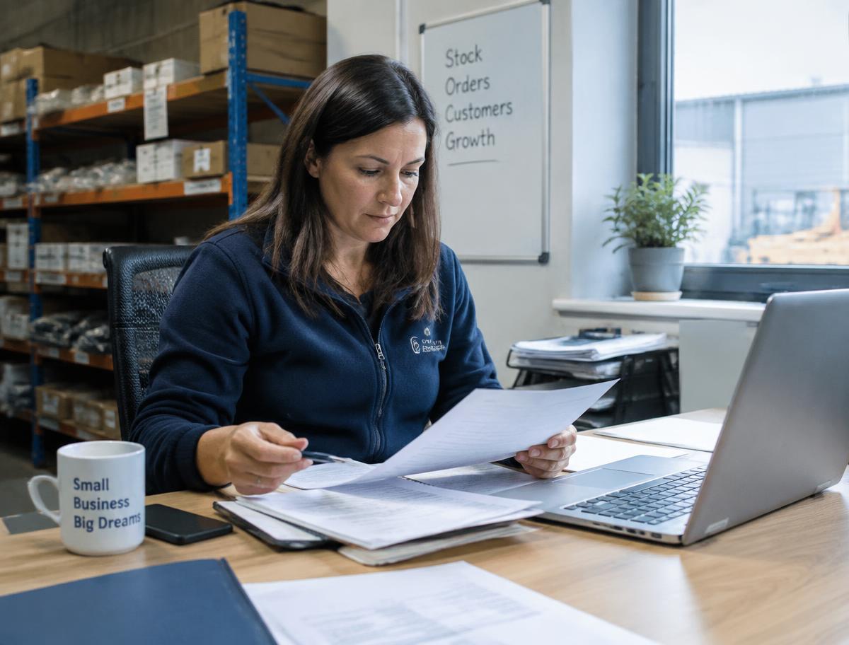 Business owner going through invoices in a warehouse office