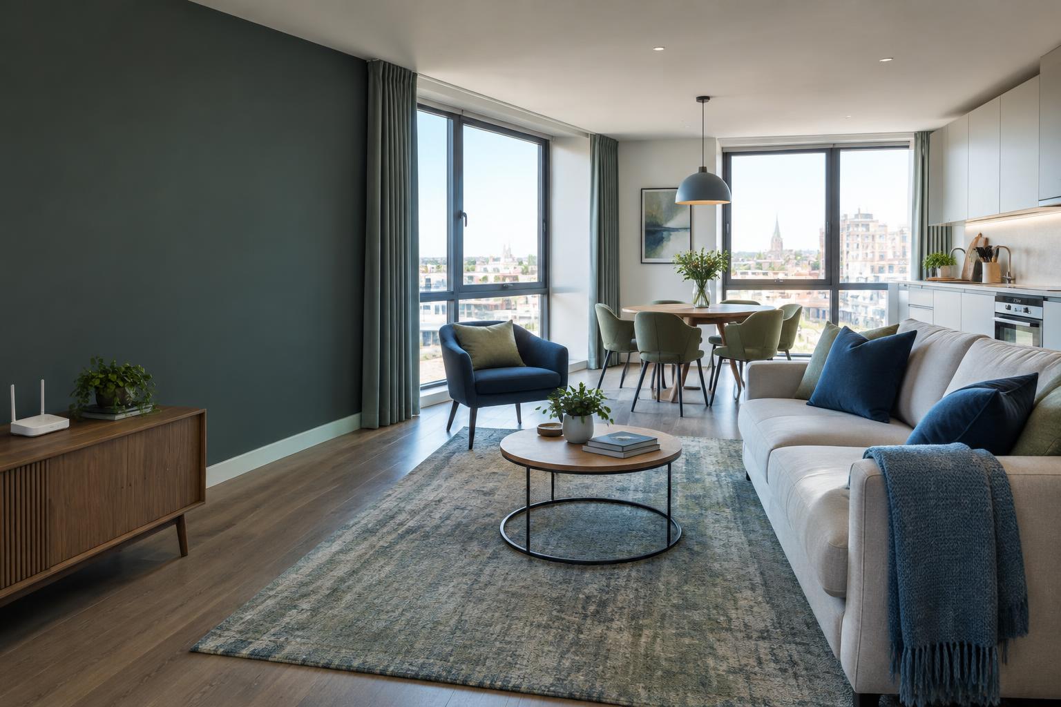Illustrative serviced apartment with a sitting area, kitchen and guest Wi-Fi router
